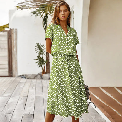 Vintage Blommig Boho Skjortklänning – Kortärmad, Lång, Nedvikt Krage, Skärp, 6 Färger, S–XL