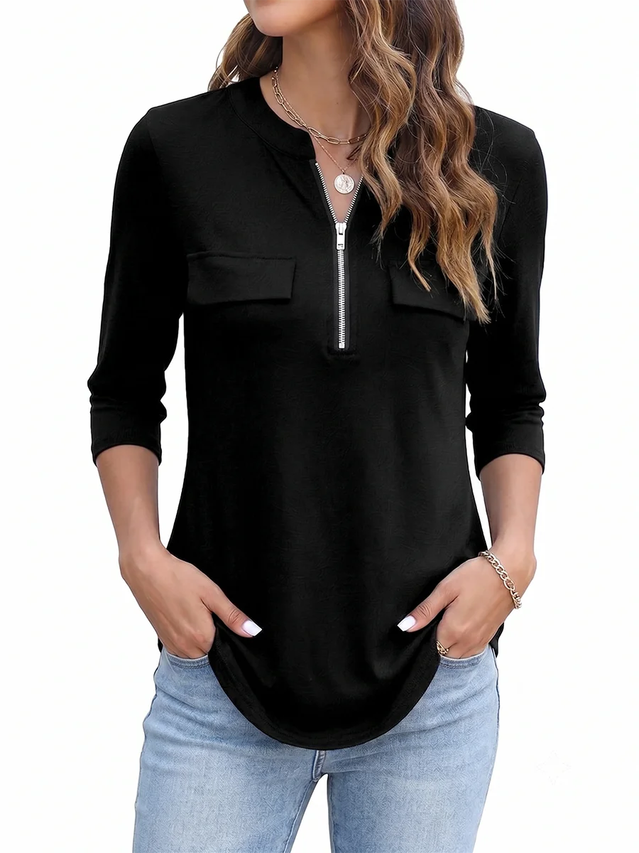 Dam Tunika Topp med Dragkedja V-ringning – 3/4-ärm Lös Ficka Elegant Kontor Casual, Svart 1XL–4XL