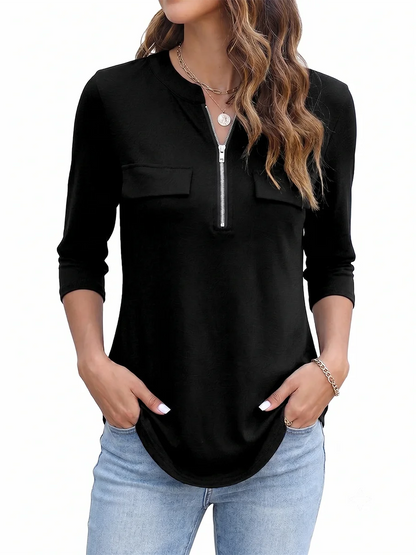 Dam Tunika Topp med Dragkedja V-ringning – 3/4-ärm Lös Ficka Elegant Kontor Casual, Svart 1XL–4XL