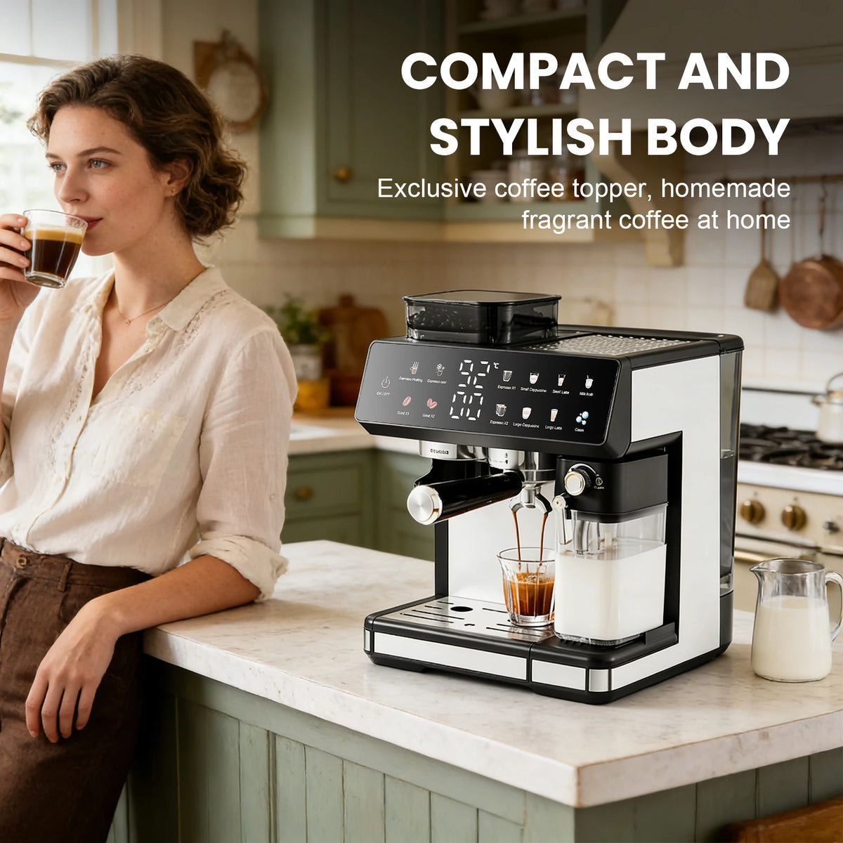 All-in-One Espresso Machine with Titanium Grinder, TFT Touchscreen, Pre-Infusion & Auto Milk Frother, Hot & Cold Brew, 8 Presets, Black/Silver