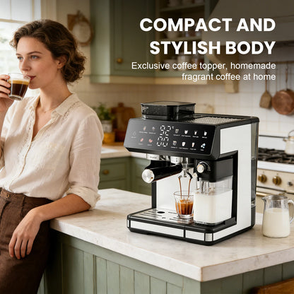 All-in-One Espresso Machine with Titanium Grinder, TFT Touchscreen, Pre-Infusion & Auto Milk Frother, Hot & Cold Brew, 8 Presets, Black/Silver