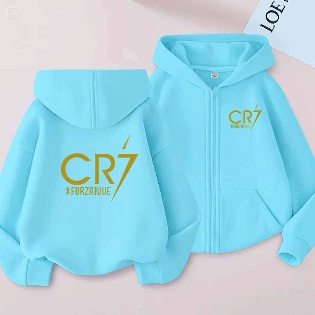 Children Football Hoodie Letter CR7 Zipper Style Coat Sweatshirt Boys Girls 3-12Yrs Long sleeves Loose Top Casual Sports Clothes