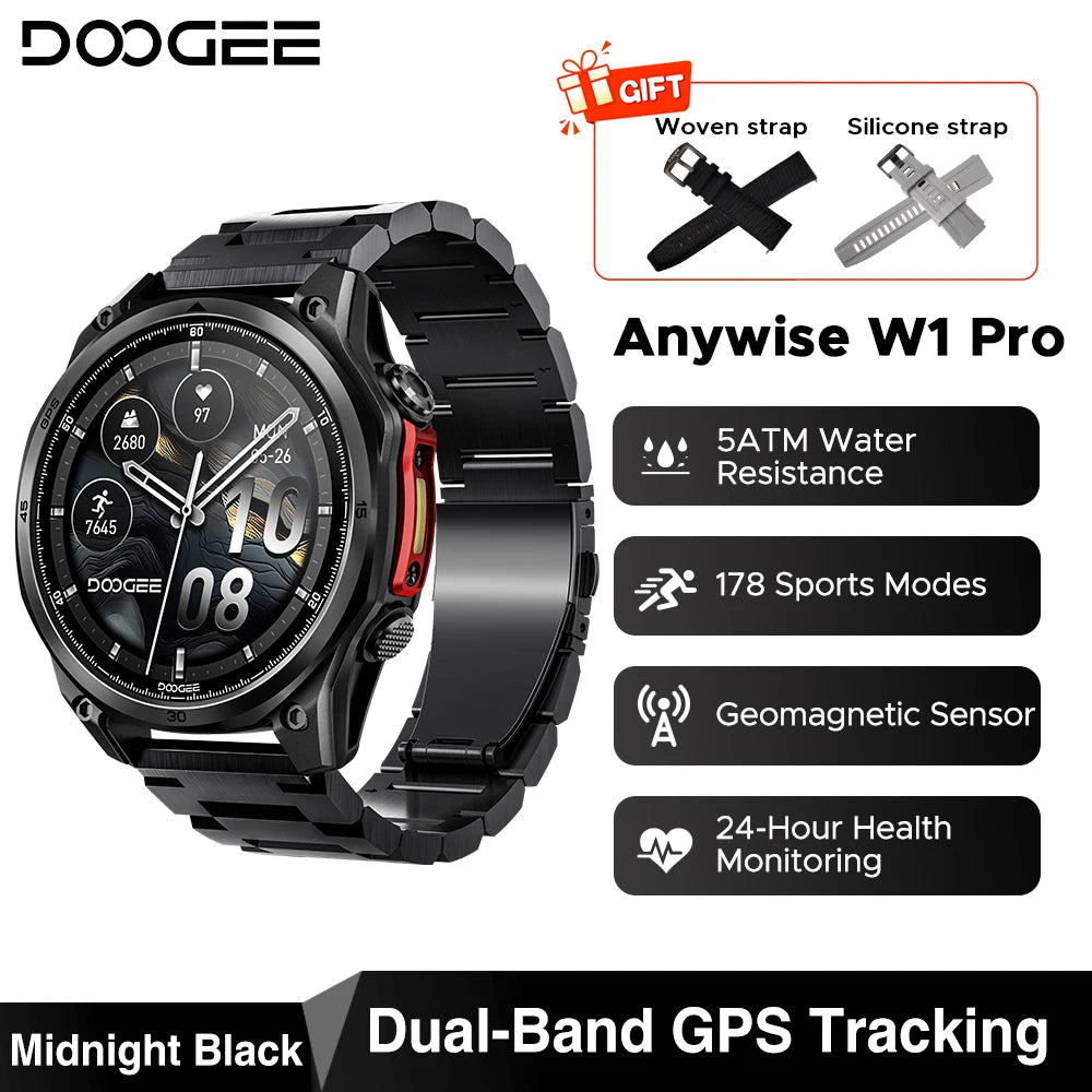 DOOGEE Anywise W1 Pro Smartklocka – 1,43" AMOLED, Offline-kartor, Dual-band GPS, 5ATM+IP68, 18 Dagars Batteri