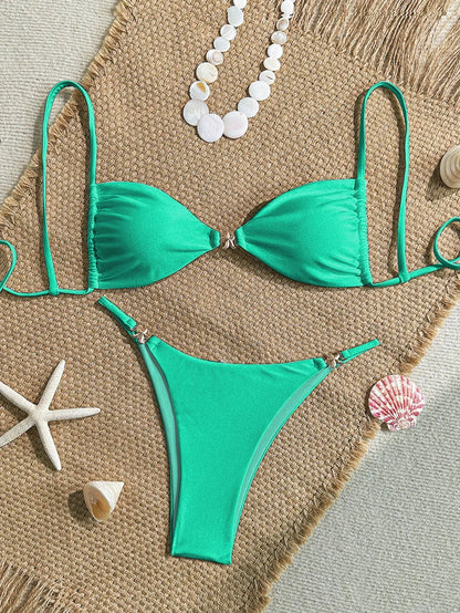 Sexy Solid Color Swimsuit Women' Swimwear 2026 New Bandeau Bikinis Rings Bikini Bandage Beachwear Two Piece Bathing Suit