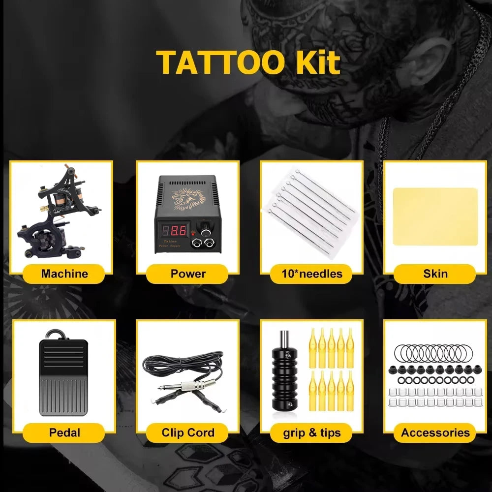 Coils Tattoo Machine Kit Power Supply with Tattoo Needles Ink Accessories Set for Tattoo Body Art Tool Permanent Makeup Kit