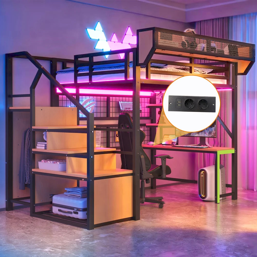 90×200cm & 140*200cm Metal High Bed, with Desk, Shelf and Storage Net, Complete with Safety Ladder, LED Lighting and Socket