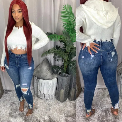 Denim Pencil Pants Women Jeans Hole Ripped High Waist Washed Distressed Vintage Skinny Ankle Length Trousers Streetwear
