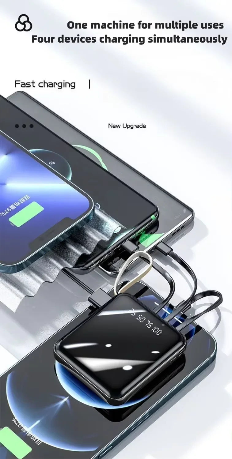 VIVO Mini Powerbank med 4 Inbyggda Kablar – Snabbladdning LED-display Dual USB Svart Vit Röd 50000/100000/200000mAh