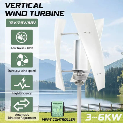 Vertikal Vindturbin 3kW/5kW/6kW 12V/24V/48V – MPPT-regulator Hushåll Lantgård Off-Grid Självförsörjande