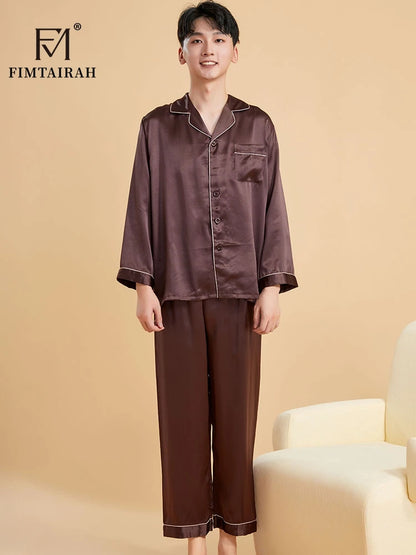 Fimtairah Real 19MM 100% Mulberry Silk Pajamas Men's Autumn  Hangzhou Solid Color heavy Silk Home Wear Men's