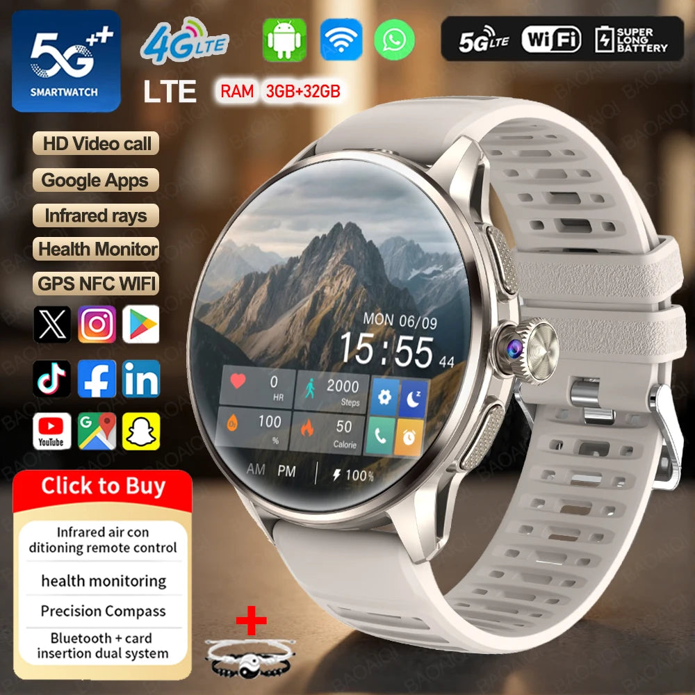 4G/3G Full Network Infrared Smart Watch 1.60 inch AMOLED Screen 800W Video Call  2100mAh Google Play WIFI GPS Compass Smartwatch