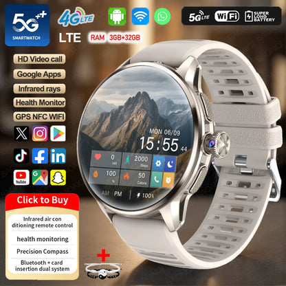4G/3G Full Network Infrared Smart Watch 1.60 inch AMOLED Screen 800W Video Call  2100mAh Google Play WIFI GPS Compass Smartwatch