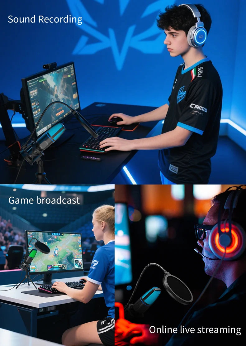 USB Microphone RGB Microfone Condensador Wire Gaming Mic for Podcast Recording Studio Streaming Laptop Desktop PC