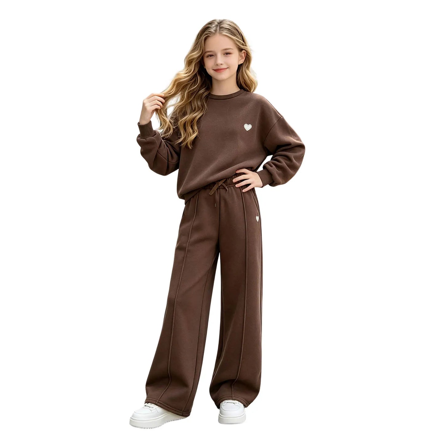 Teenage Girl 2Pcs Outfit Long Sleeve Crew Neck Sweatshirt Loose Wide Leg Pants Casual Daily Playwear Children Kids Girls Clothes