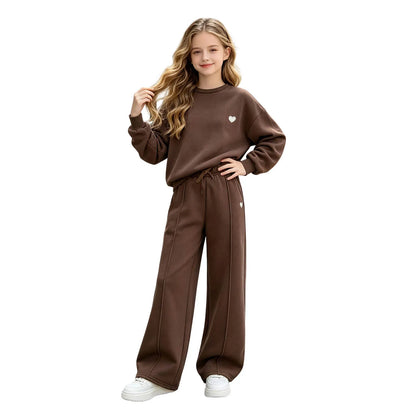 Teenage Girl 2Pcs Outfit Long Sleeve Crew Neck Sweatshirt Loose Wide Leg Pants Casual Daily Playwear Children Kids Girls Clothes