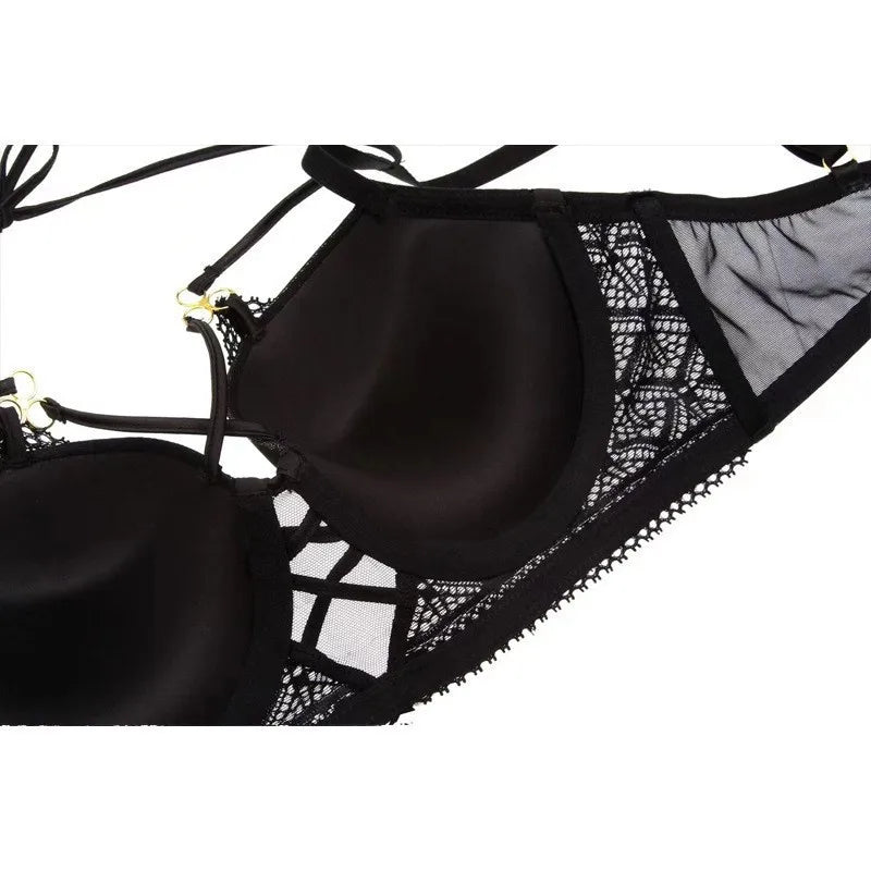 Women's Sexy Push up Lingerie Set French Lace Half Cup Bra with Garter Belt Summer Underwear Demi Bra Transparent