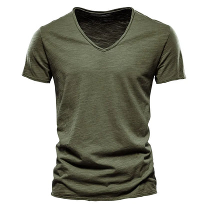 AIOPESON100% Cotton Men T-shirt V-neck Fashion Design Slim Fit Soild T-shirts Male Tops Tees Short Sleeve T Shirt O-neck For Men