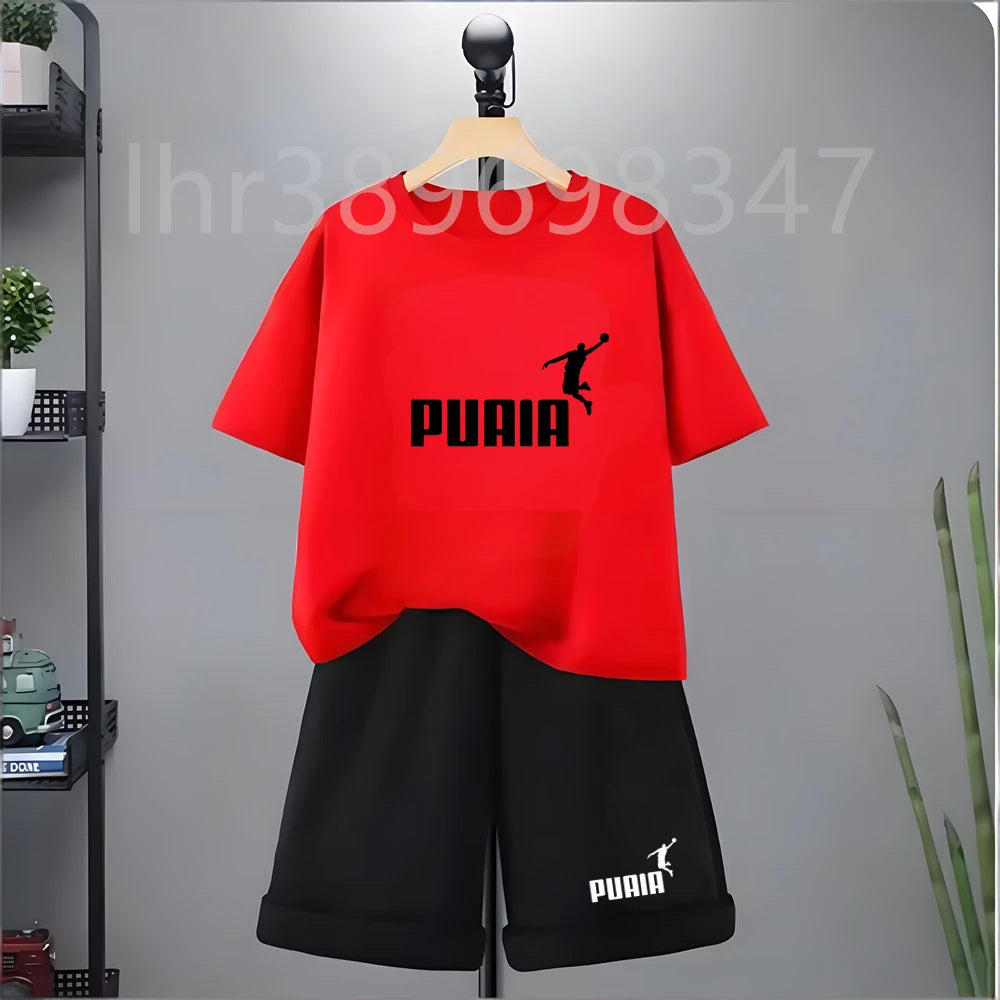 Summer Kids Print 2pcs Breathable Tees+Shorts Leisure Suits 3-12 Years Boys Girls Outfits Children Cool Black White Clothes