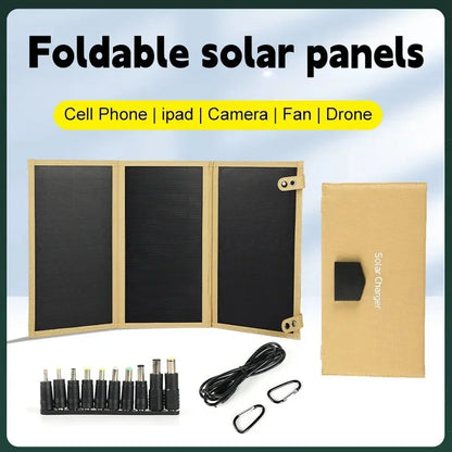 Vikbar Solpanel 60W – Monokristallin IP65 USB-C PD3.0 QC3.0 DC Camping Utomhus 850g Svart Khaki Grå