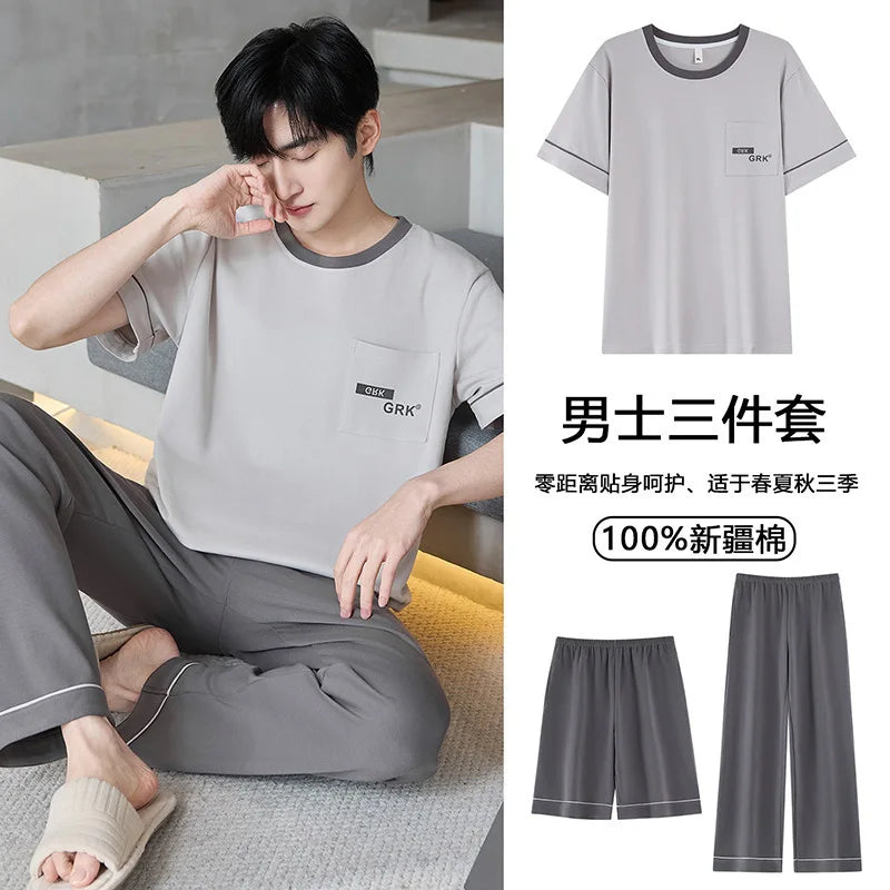 Short Sleeves & Shorts & Long Pant 3Pcs/set Cotton Nightwear for Men Summer Breathable Casual Sleepwear Male Loungewear Hombre