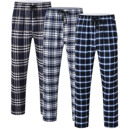 Men's 3Pcs Pajama Sleeping Pants Cotton Plaid Pjs, Long Plaid Print Sleepwear Pajama Pants with Elastic Waist Homewear