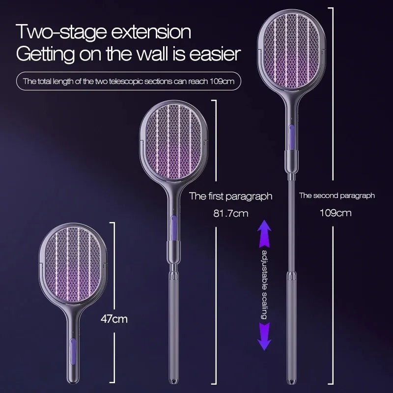 Telescopic Electric Mosquito Swatter & UV Trap Lamp, Extendable 109cm, Safe Physical Killer, Rechargeable, Wall Mount No Gap