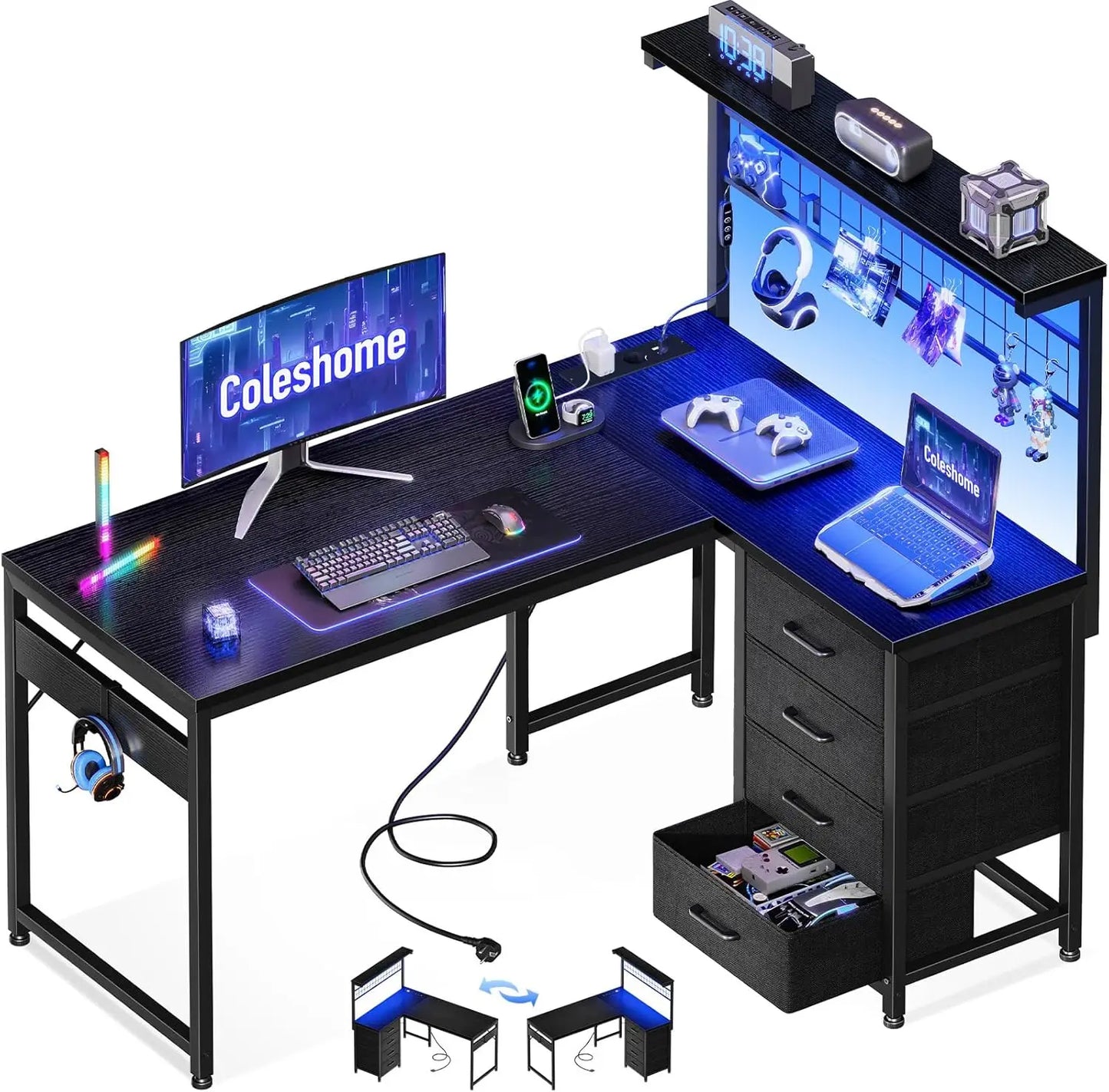 Coleshome L-Shaped Gaming Desk with 4 Drawers, 130X100Cm Gamer Desk with Led and Plugs, Corner Desk Gaming Table with Shelf for Home Office Games, Black