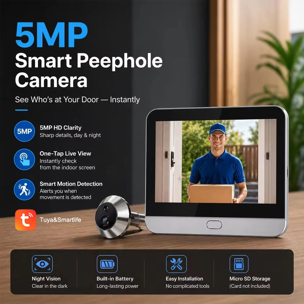 5MP Smart Dörrögon med 4,3" Skärm – Tuya, PIR, 5000mAh, 166°, Envägsljud, EU-lager (Polen)