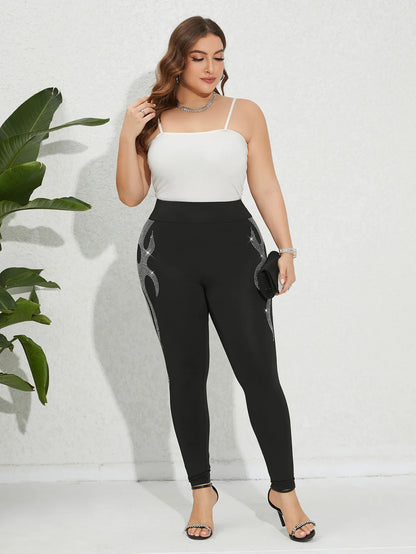 Plus Size Women's Leggings Rhinestone Flame Design Knit Fabric High Elasticity Trousers Comfortable Stylish Female Bottoms