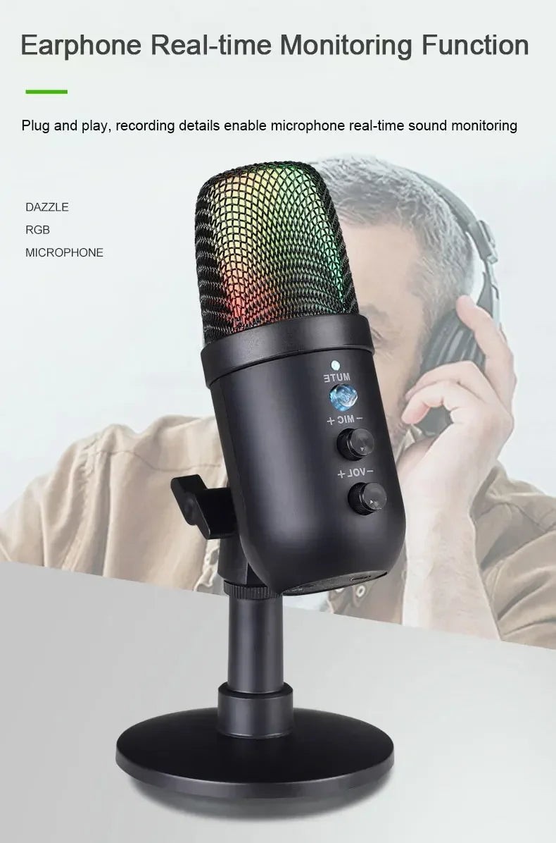 USB Gaming Microphone for PC Condenser Podcast Mic for Studio Recording Headphone Jack RGB Noise Cancellation with Mute Button