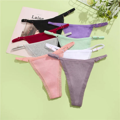 4Pc G-String Cotton Lace Women Thongs Lingerie Low Rise Panties Adjustable Waistband Straps Hipster Underwear For Girl Intimates