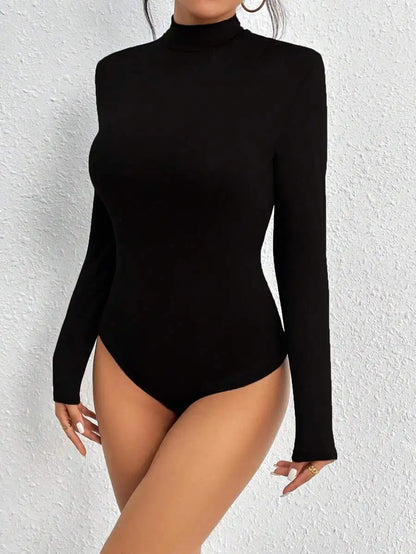 Y2K Aesthetic Mock Neck Long Sleeve Bodysuit Women Soft Stretch Slim Fit Thong Bodycon 2000s Vintage Layering Basic Top