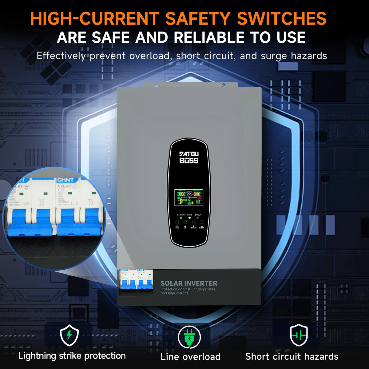 DATOUBOSS Solhybridinverter Ren Sinusvåg – 1,8kW 12V / 3kW 24V / 6,2kW 48V till 220V, Parallellanslutning, EU-lager Polen