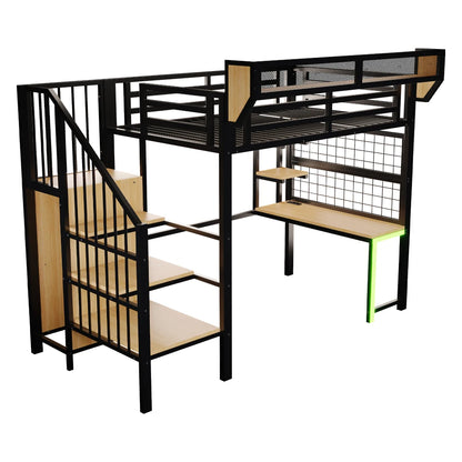 90×200cm & 140*200cm Metal High Bed, with Desk, Shelf and Storage Net, Complete with Safety Ladder, LED Lighting and Socket