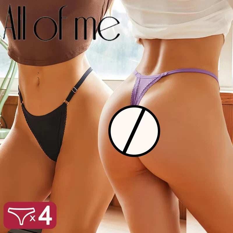 4Pc G-String Cotton Lace Women Thongs Lingerie Low Rise Panties Adjustable Waistband Straps Hipster Underwear For Girl Intimates