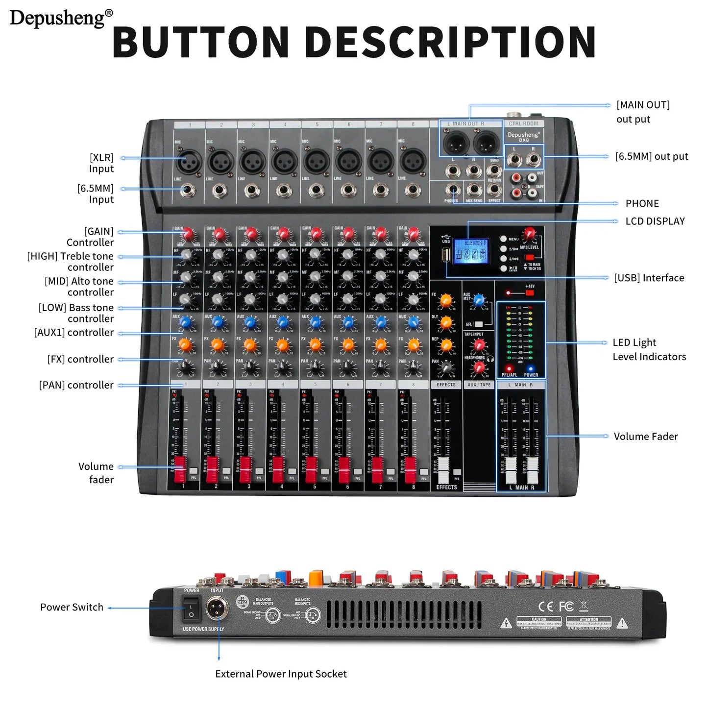 6/8/12/16 Channel Depusheng Audio Mixer Professional  Sound Board DJ Mixing Console System Interface USB MP3 Input Bluetooth 48V