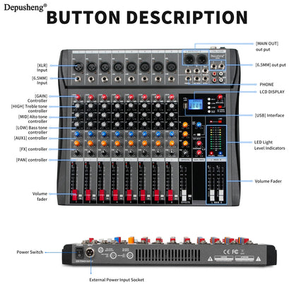 6/8/12/16 Channel Depusheng Audio Mixer Professional  Sound Board DJ Mixing Console System Interface USB MP3 Input Bluetooth 48V