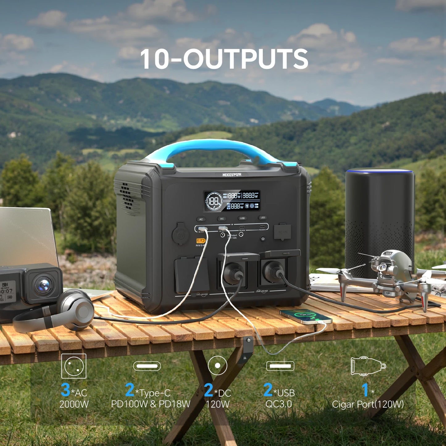 Necespow Outdoor Portable Power Station 2000W Solar Generator Pure Sine Wave for Camping RV Road Trip Outdoor Adventure Emergency Power Supply