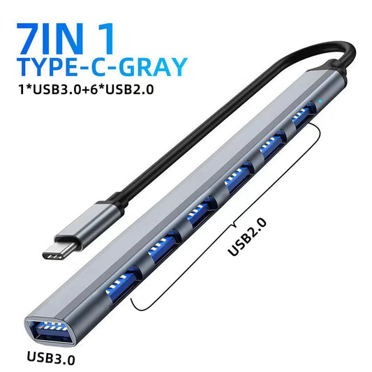 USB Hub 7 Portar – USB-A / USB-C / 2-i-1 USB 3.0 5Gbps Aluminiumlegering Plug & Play 15cm Kabel PC MacBook Xbox PS4