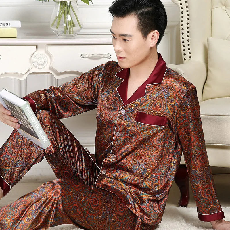 Herr Silk Satin Pyjamas 2-delad – Långärmad Topp & Byxor Tryckt Mönster, Svart/Röd/Marinblå