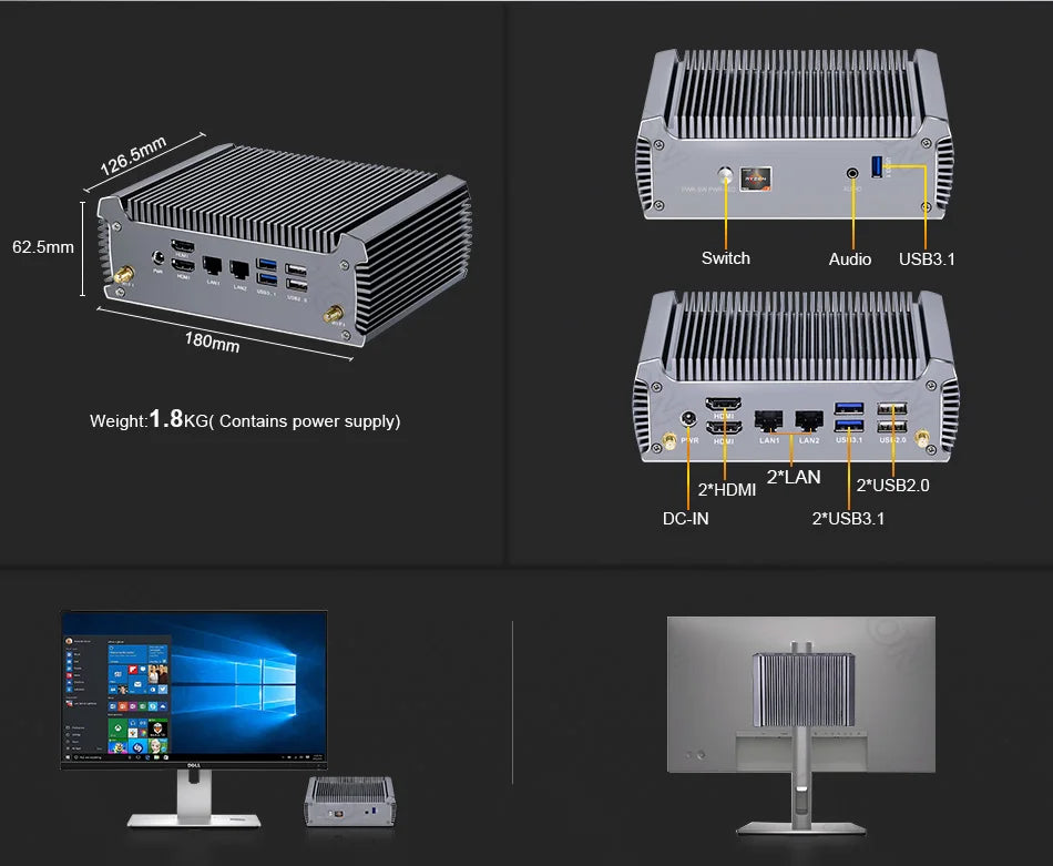 2026 FU02 Fanless AMD Mini Computer Ryzen 9 4950U 7 7730U 5825U 4700U Windows 11 Gaming PC Dual LAN Firewall 2*HDMI2.0 NVMe DDR4
