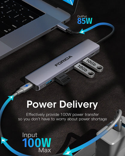 FORIDA Aluminum USB C Hub 3.2 and 3.0 10Gbps USB C HDMI Splitter PD 100W Power Charging USB 3.2 Gen2 Adapter for Laptop PC
