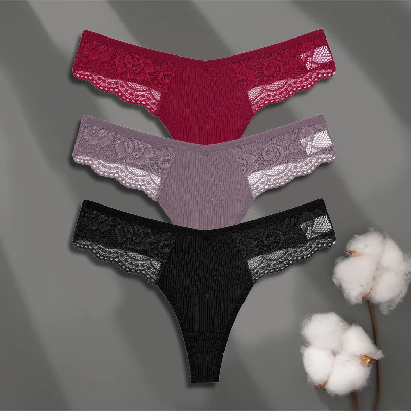 FINETOO 3-pack spetsstring i bomull med låg midja