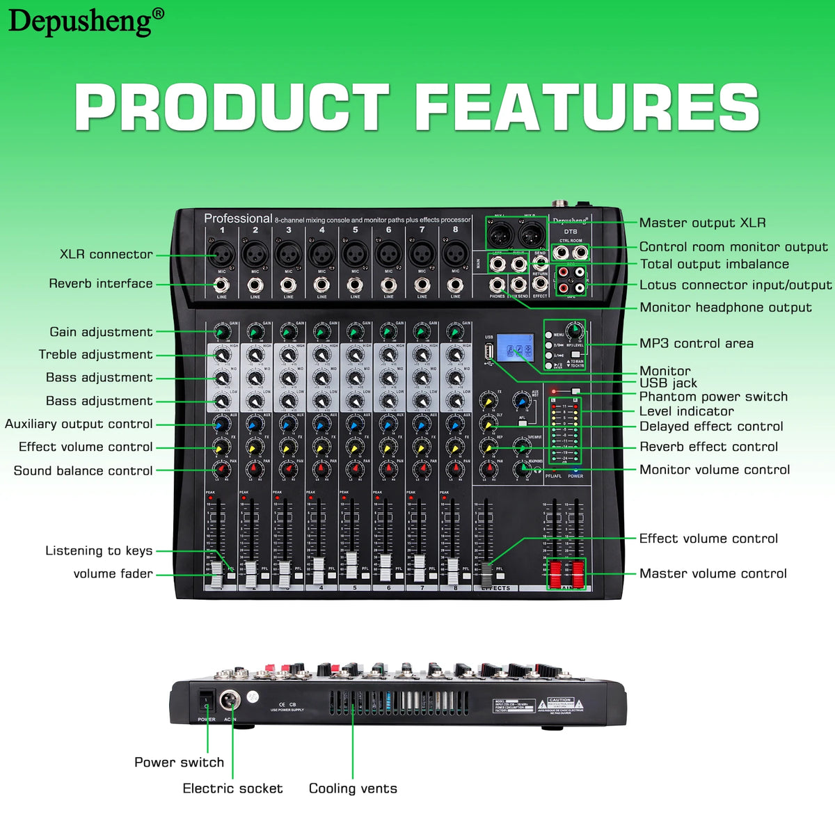 Audio Mixer 6/8/12 Channels Professional DJ Mixer LR Microphone/Line Input, AUX, FX Processor MP3, Headphones, +48V Phantom