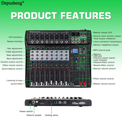 Audio Mixer 6/8/12 Channels Professional DJ Mixer LR Microphone/Line Input, AUX, FX Processor MP3, Headphones, +48V Phantom