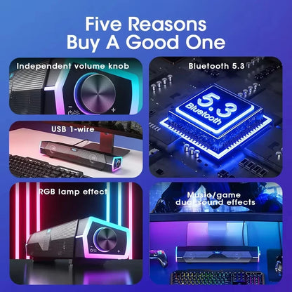 Bluetooth Computer Sound Bar Speaker 4D Surround Sound Subwoofer Wired Wireless RGB Home Audio For TV PC