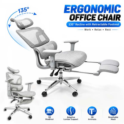 Ergonomic Office Chair with Footrest, 3D Adjustable Headrest & Armrests, Elastic Lumbar Support, Breathable Mesh High Back, 90°-135° Reclining Swivel Chair for Home Office