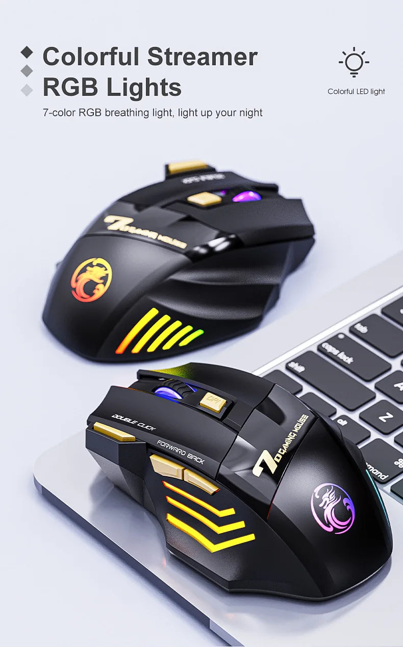 IMICE GW-X7 Wireless Gaming Mouse, 3200DPI Dual-Mode, 7 Programmable Keys, RGB Backlit Rechargeable