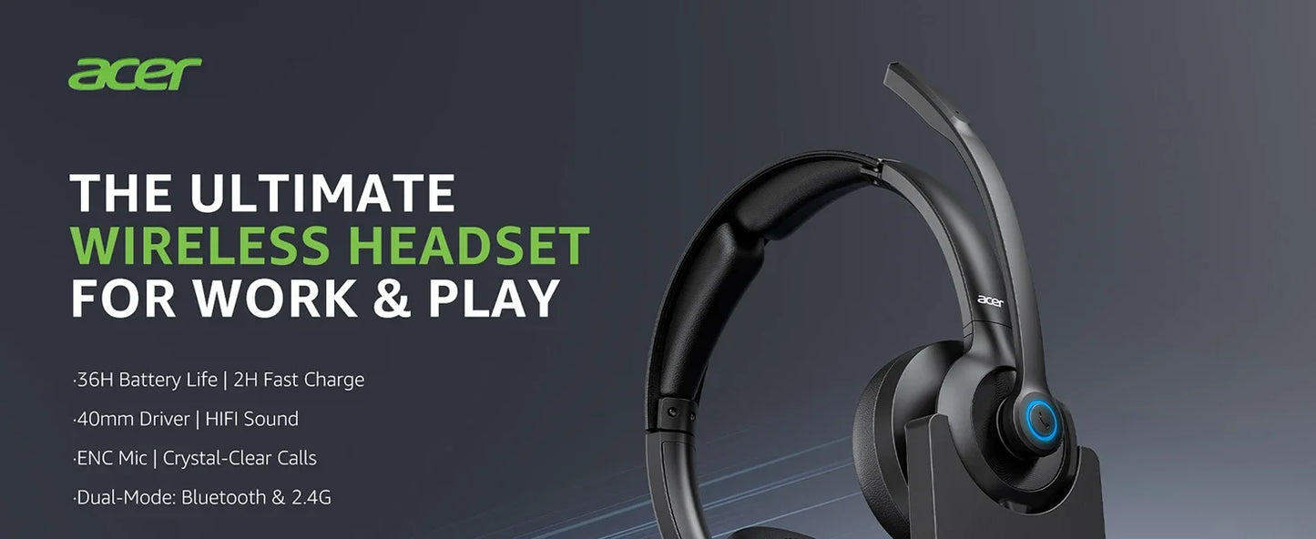 Acer HB02 Wireless Headset with Mic for Work 2.4G Bluetooth 5.3 Dual Mode Headphones USB Dongle for PC Headset for Call Center