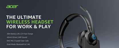 Acer HB02 Wireless Headset with Mic for Work 2.4G Bluetooth 5.3 Dual Mode Headphones USB Dongle for PC Headset for Call Center
